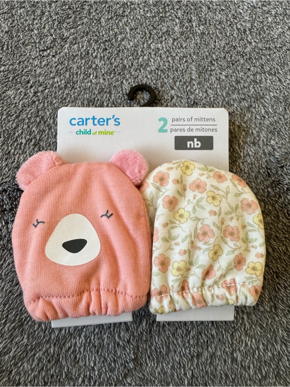 Carter's Pink Bear & Cream Floral Baby Mittens - 2 Pack